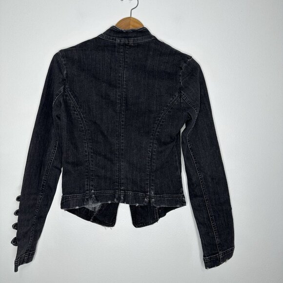 FREE PEOPLE Black Denim Jacket XS Military Distressed Fitted Boho - Picture 3 of 15